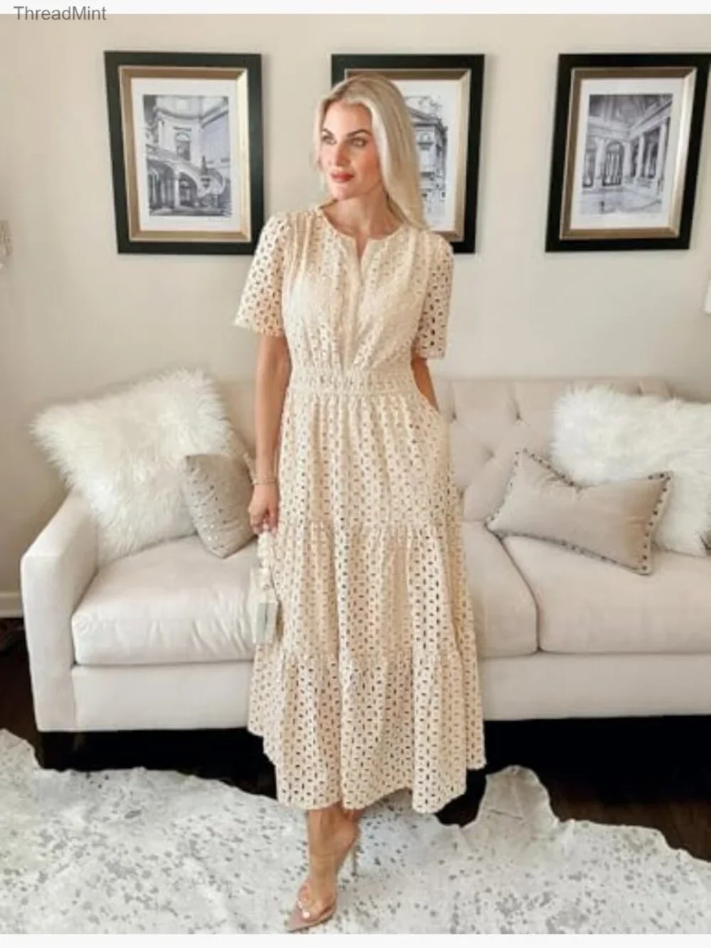 Summer Maxi Dress V Neck Short Sleeve Eyelet Ruffle A Line Casual - Picture 6 of 7
